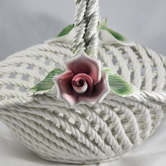 Vintage Italian Porcelain Basket Capodimonte Style Italy Pink Rose Flower Decor - Picture 11 of 12